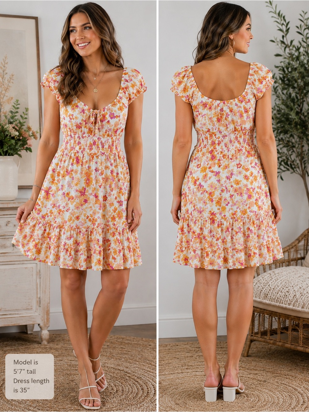 Wild Fable L Floral Mini Dress Boho Cottagecore Smocked Rayon Puff Sleeve